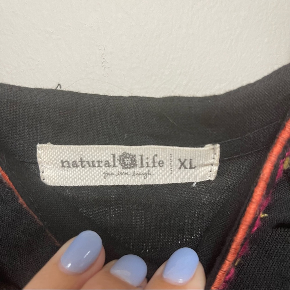 NATURAL LIFE Black Embroidered Peasant Dress with Multicolor Floral Trim - Picture 2 of 4